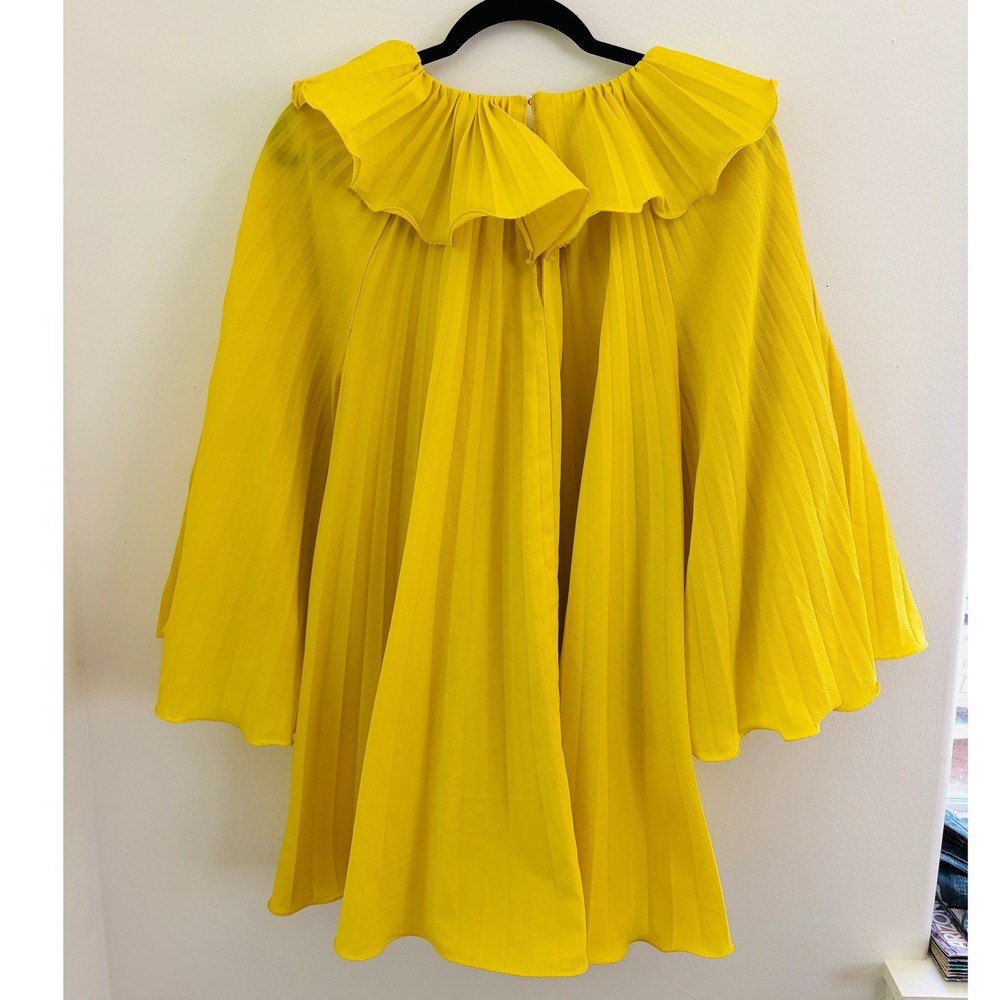 Vintage 1960s Canary Yellow Accordion Pleated Mini Dress Angel Sleeve Mod Twiggy - Picture 6 of 6